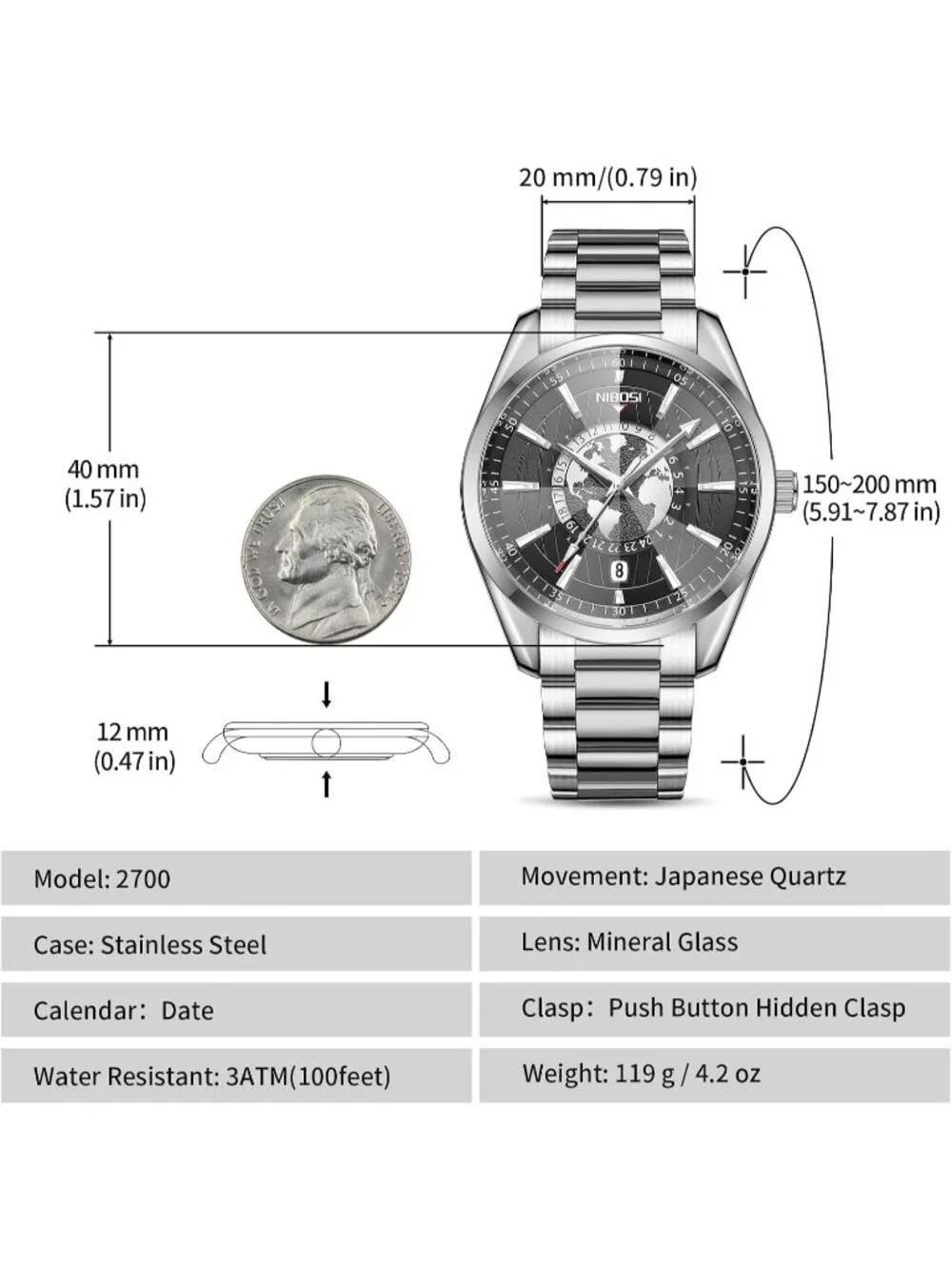 Men's Silver Black Analog Quartz Stainless Steel Waterproof Casual Wrist Watch